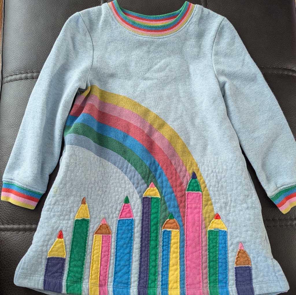 Mini Boden Kids Dress With Rainbow And Pencils - Blue, Pink, Yellow, Green